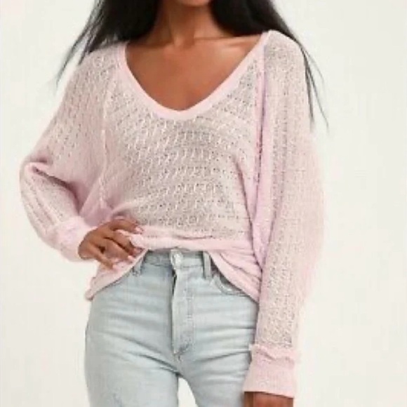 We The Free Sweaters - Free People We The Free Thiens Hacci Powder Pink V Neck Lightweight Sweater, XL